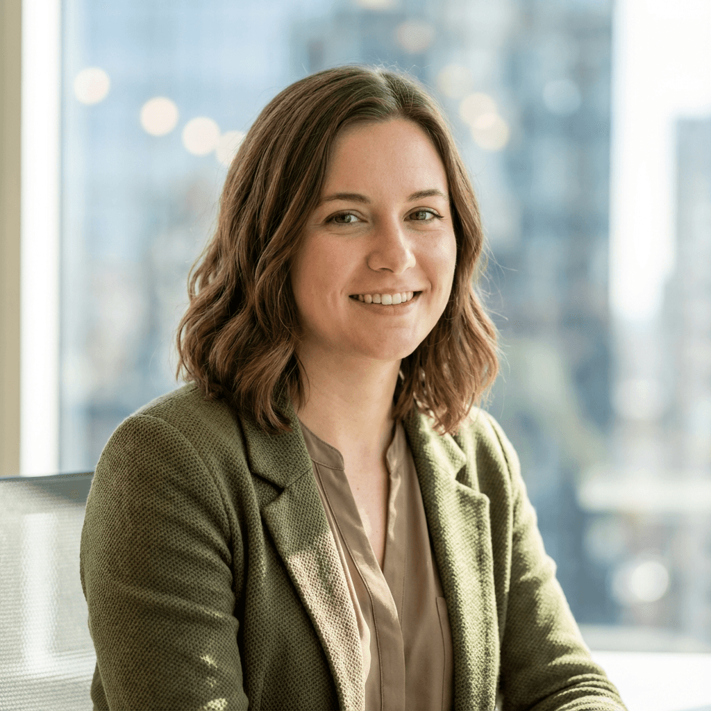Female SEO specialist in her early 30s, working at a desk with analytics dashboards