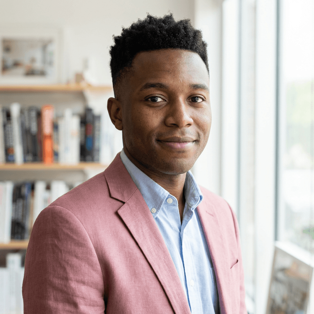 Male marketing director in his late 30s, standing in a modern office