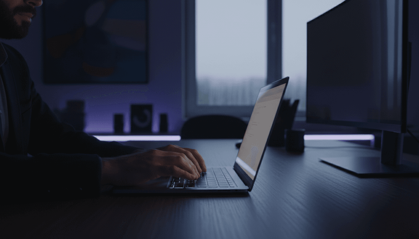 Close-up of hands typing on a laptop in a dark, modern office with soft lighting