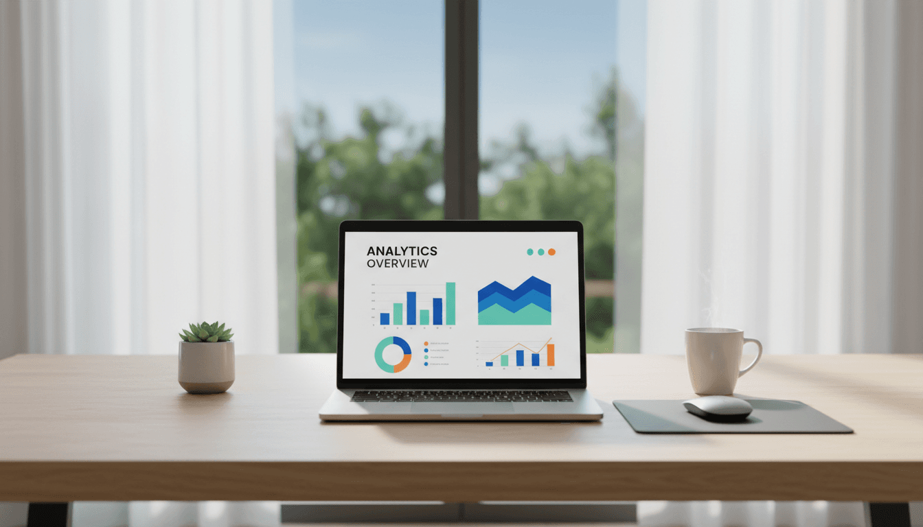 Laptop on a clean desk displaying a blurred analytics dashboard in soft daylight