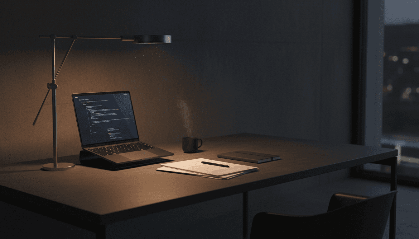 Minimalist dark office desk with laptop and documents in moody lighting
