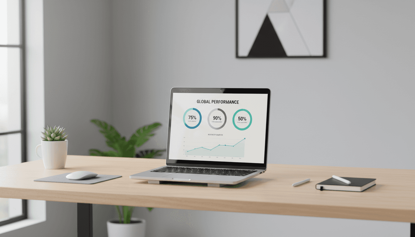 Laptop with analytics dashboards on a clean desk