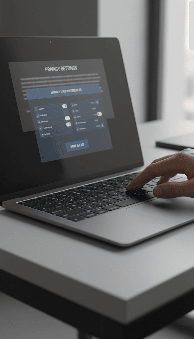 Hand adjusting browser privacy settings on a laptop screen