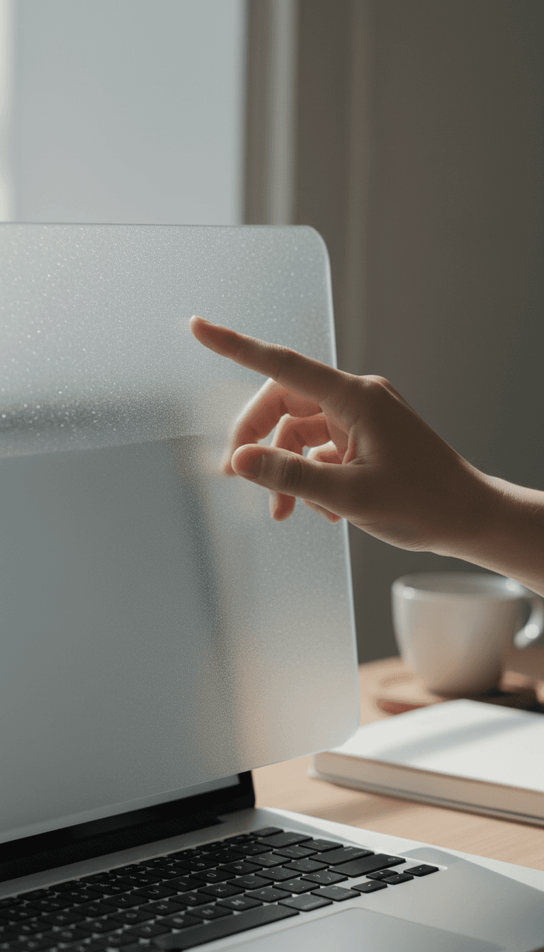 Hand touching a frosted glass privacy screen on a laptop in a minimalist office setting