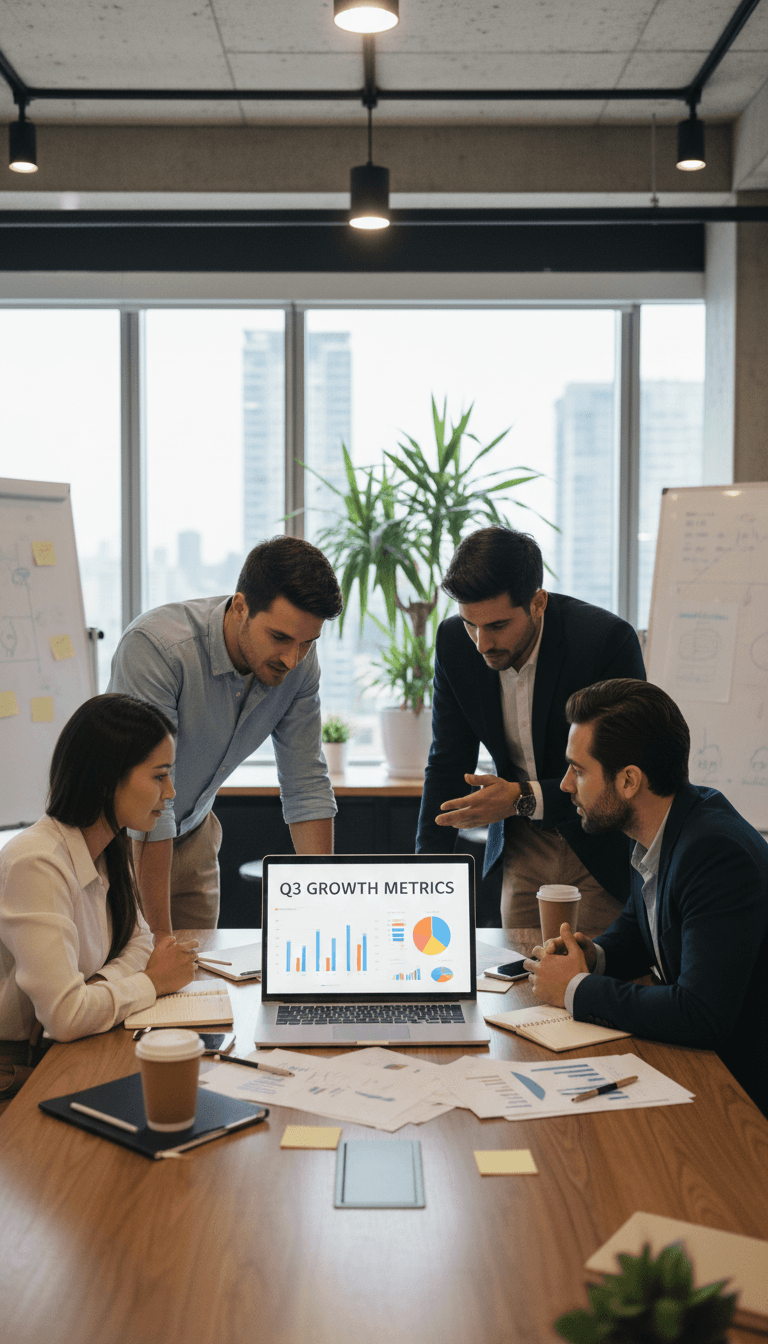 Marketing team reviewing campaign analytics around a laptop