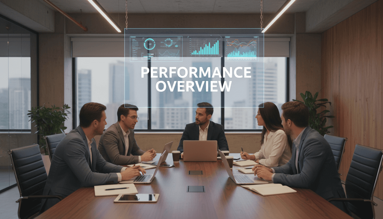 Digital marketing team reviewing analytics and campaign performance in a modern office