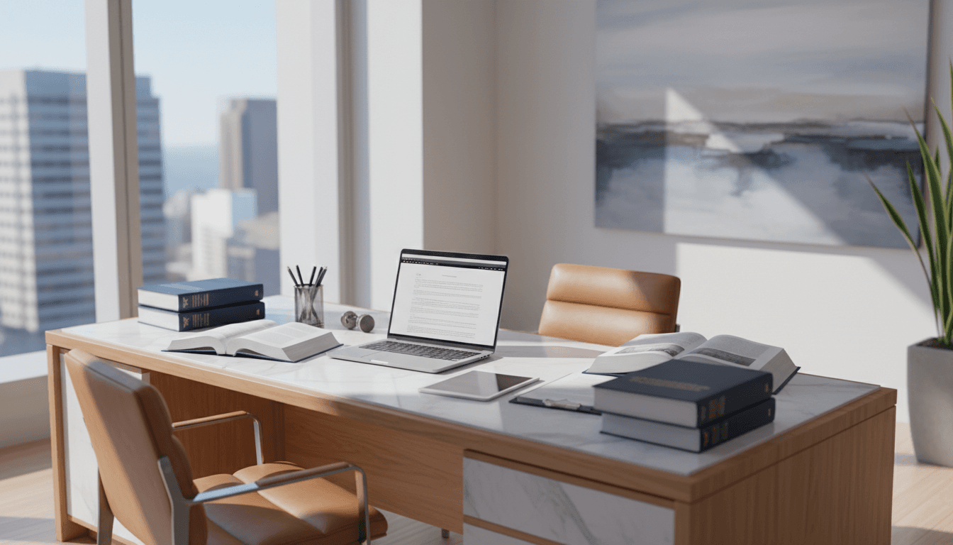 Legal documents on a desk with a laptop in a professional office