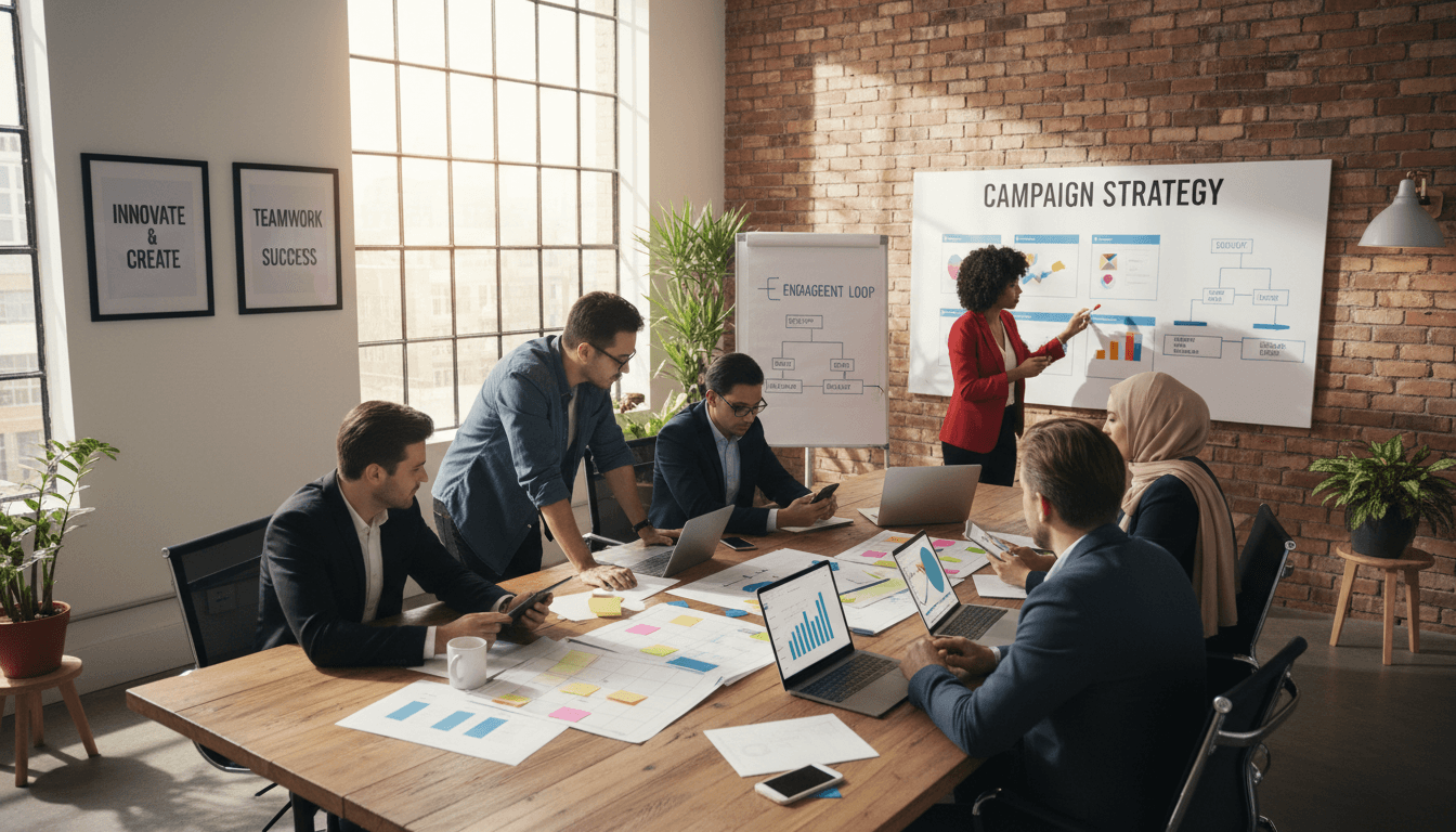 Marketing team reviewing social media ad campaign analytics