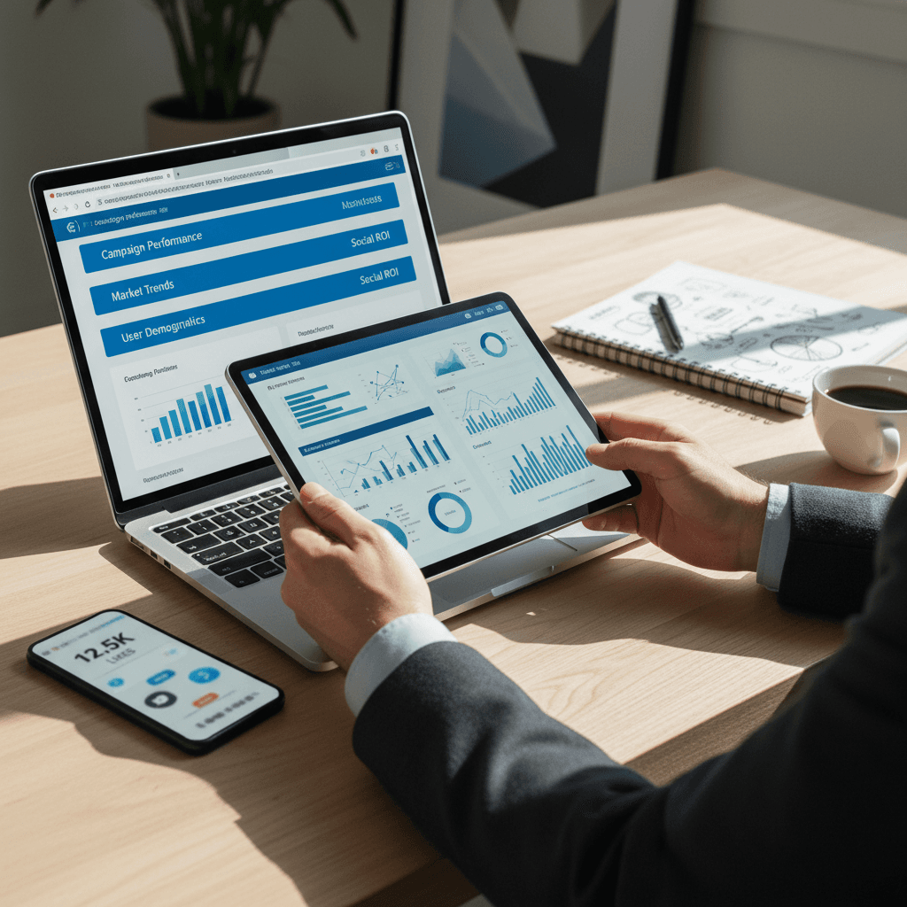 Digital marketing workspace with analytics dashboard on laptop