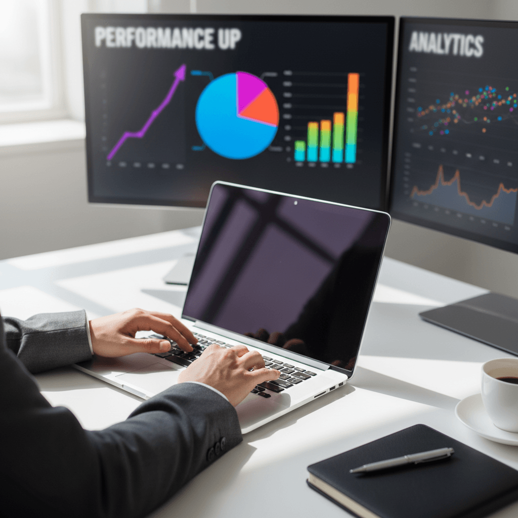Marketer reviewing analytics dashboards on a laptop in a modern office